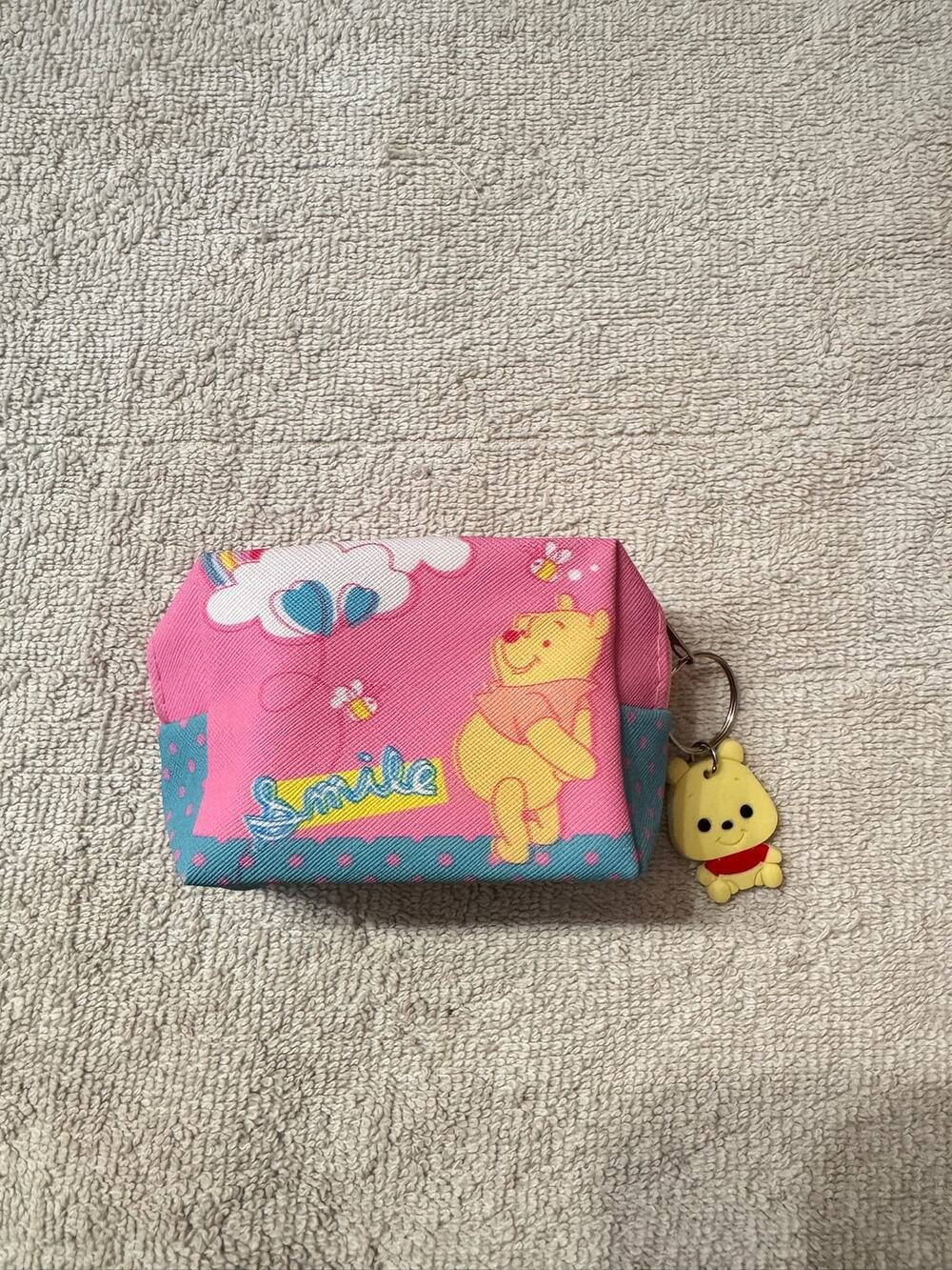 Pink Winnie the Pooh coin purse zipper keychain with a cute Pooh Charm